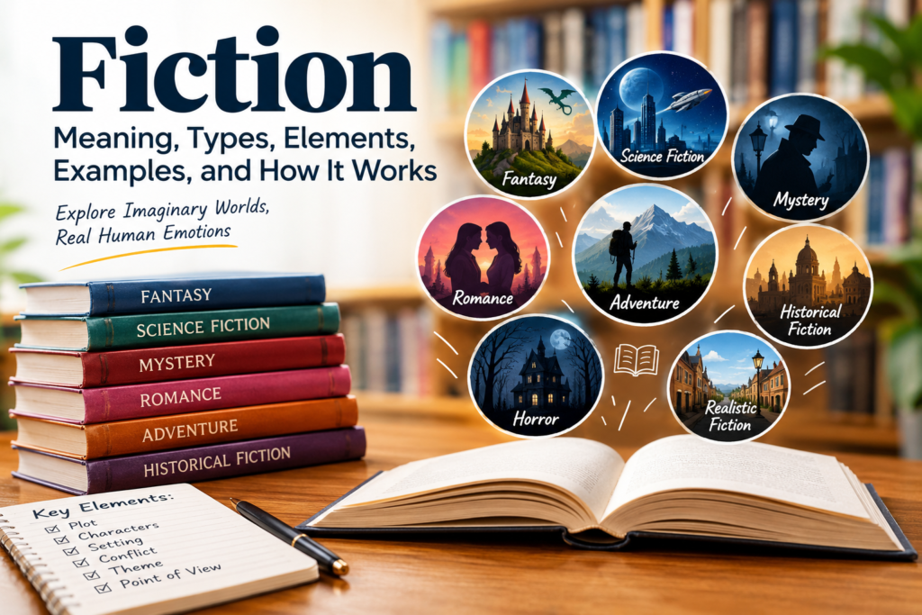 Fiction meaning, types, elements, and examples illustrated with books and different story genres.
