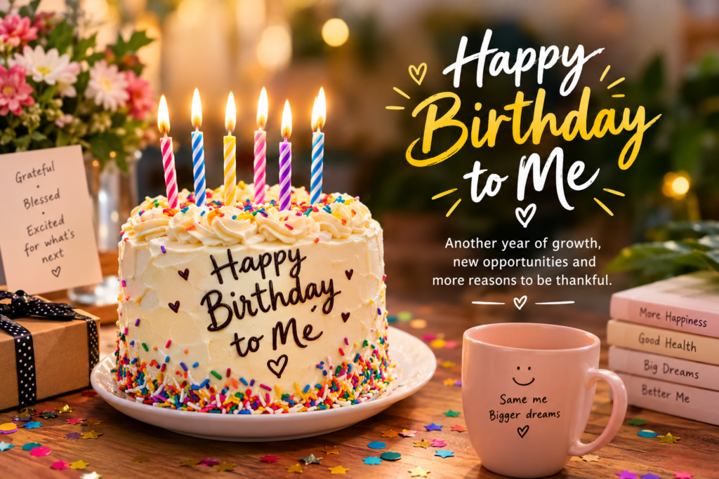 Happy birthday to myself quotes with a birthday cake, colorful candles, and festive decorations.