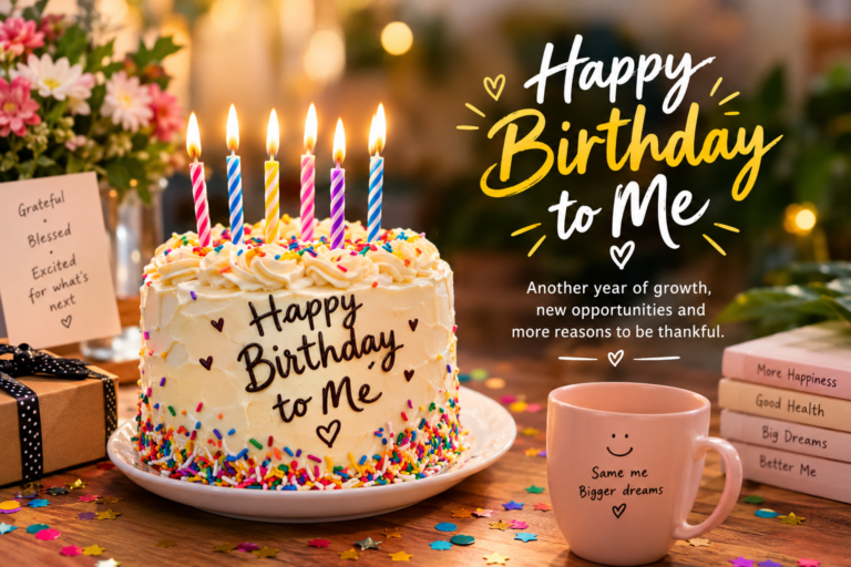 Happy birthday to myself quotes with a birthday cake, colorful candles, and festive decorations.